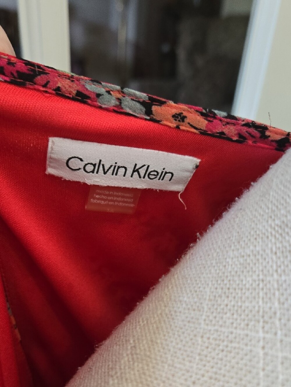 Calvin Klein Floral Red Pink Green Blue Dress Statement Sleeve Lined 16 EUC - Picture 2 of 8